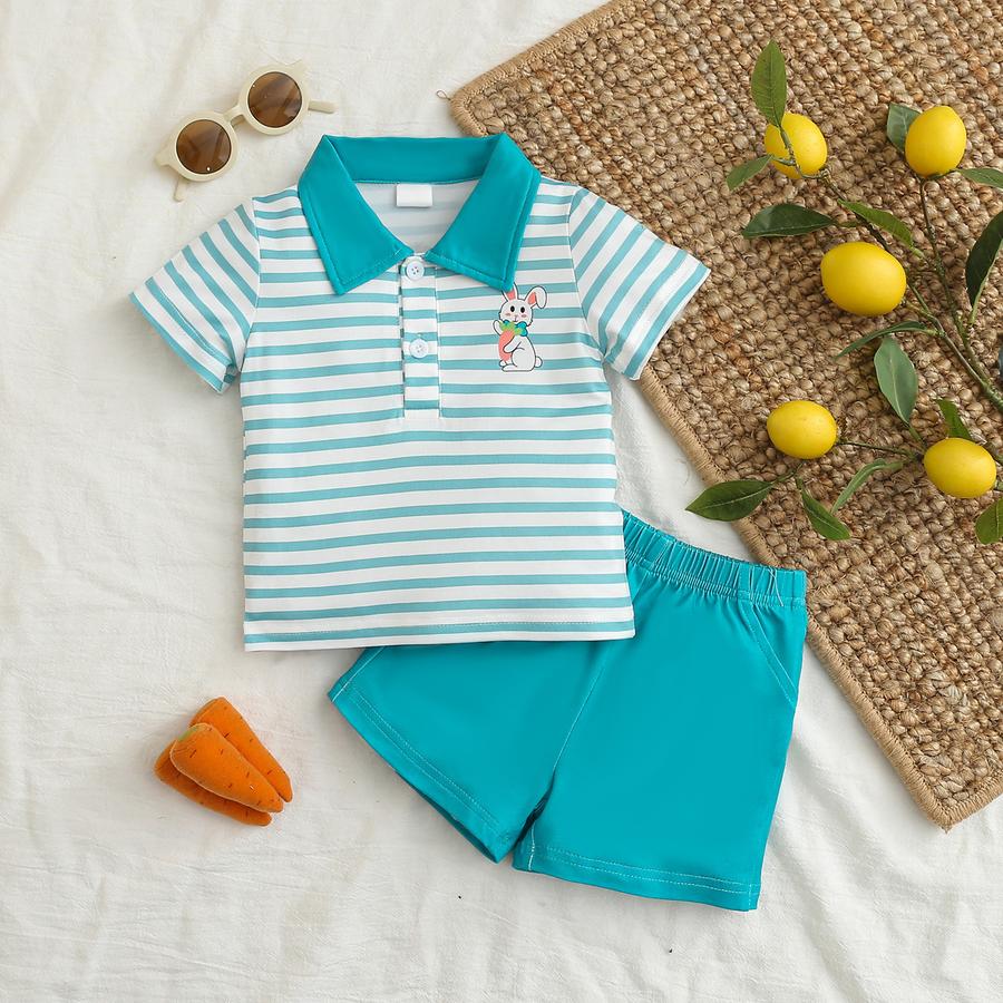 

New Summer Infant Toddler Boys Casual Short Sleeve Striped Cartoon Rabbit Printed Top and Shorts Set 2-3Y синій