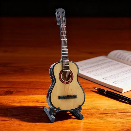 Wooden Mini Guitar Model with Stand Tiny Classical Guitar Figurine Miniature Musical Instrument Ornament Home Office Desktop Decoration