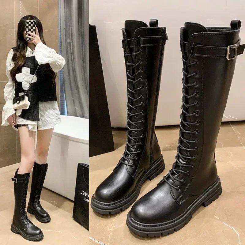 Fashion Women Combat Antumn 2024 Female High Platform Gothic Shoes Black Leather  Lace Up Women Knee High Boots