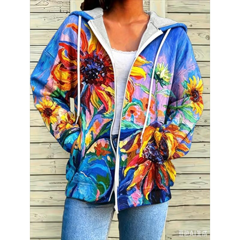 Zipper Splicing Fashion Loose Women's Casual Flower Print Hoodie Fashion Spring And Summer