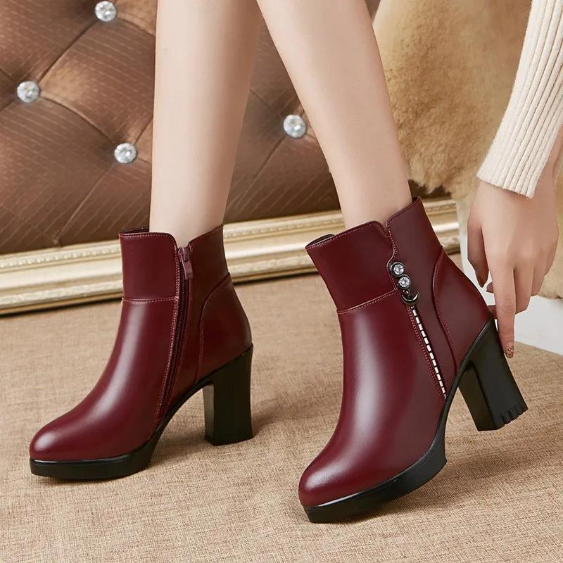 Genuine Leather Winter Women Boots Warm High Heels Ankle Boots Women Thick Wool Warm Snow Boots Woman 2025 Elegant High Heels