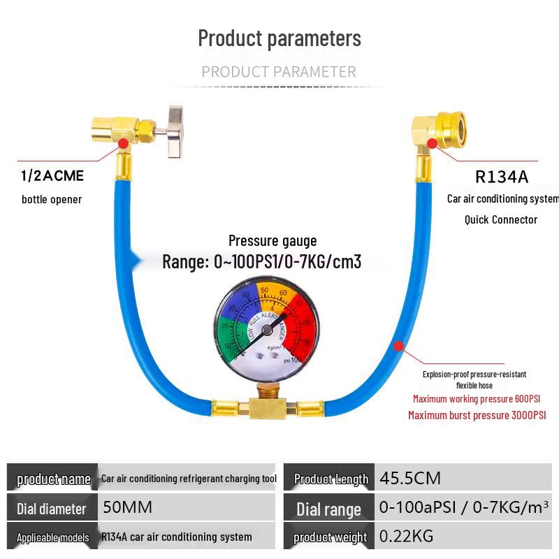R134a Car AC Refrigerant Charging & Detection Hose 1/2 ACME.