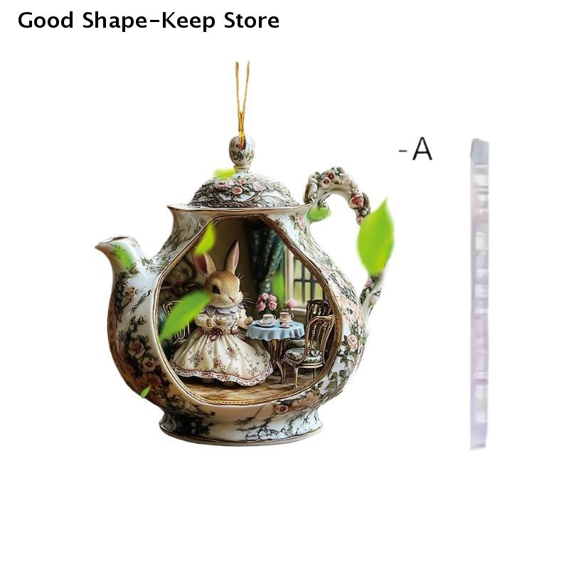 Easter Home Decor Items Rabbit In Teacup Warm Home 2d Acrylic Pendant Backpack Pendant Car Rabbit model in teacup