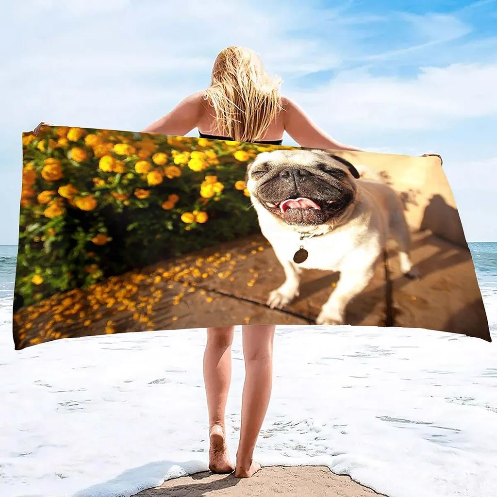 Microfiber Lightweight Thin Beach Towels for Adult and Kid Compact Personalized Sand Free Swim Pool Blanket Pug-dog puppy Print