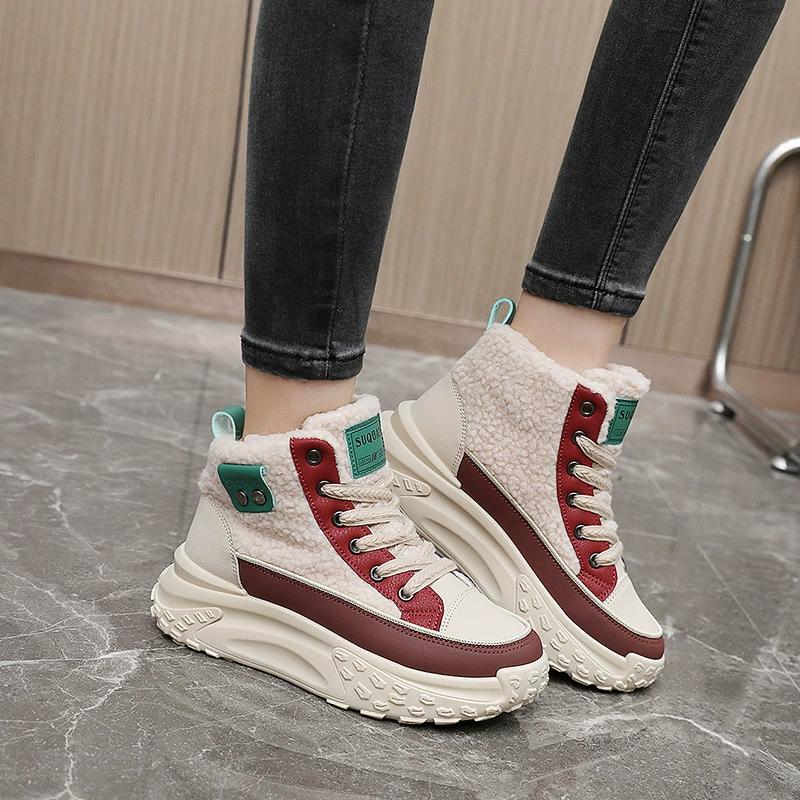 Women's Autumn Winter High Top Women's Shoes with Velvet Cotton Shoes for Warmth Lamb Fleece Thick Bottom Height Increasing Sports Cotton Shoes
