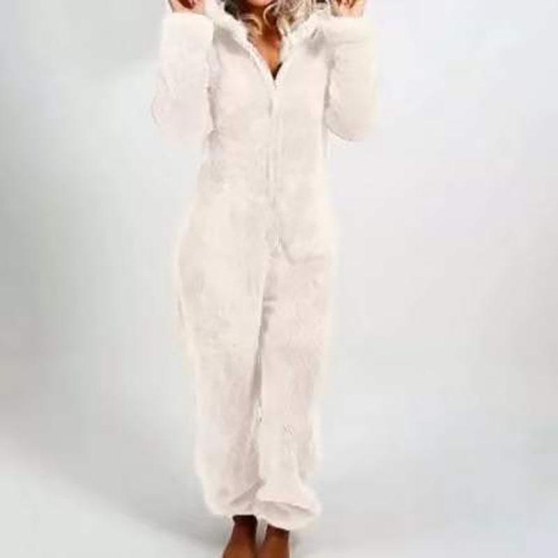 Dames Pluche Romper Herfst Winter Flanellen Pyjama Lange Mouw Rits Hoge Hals Muts Warmhouden Meisjeskleding Nachtkleding Loungewear