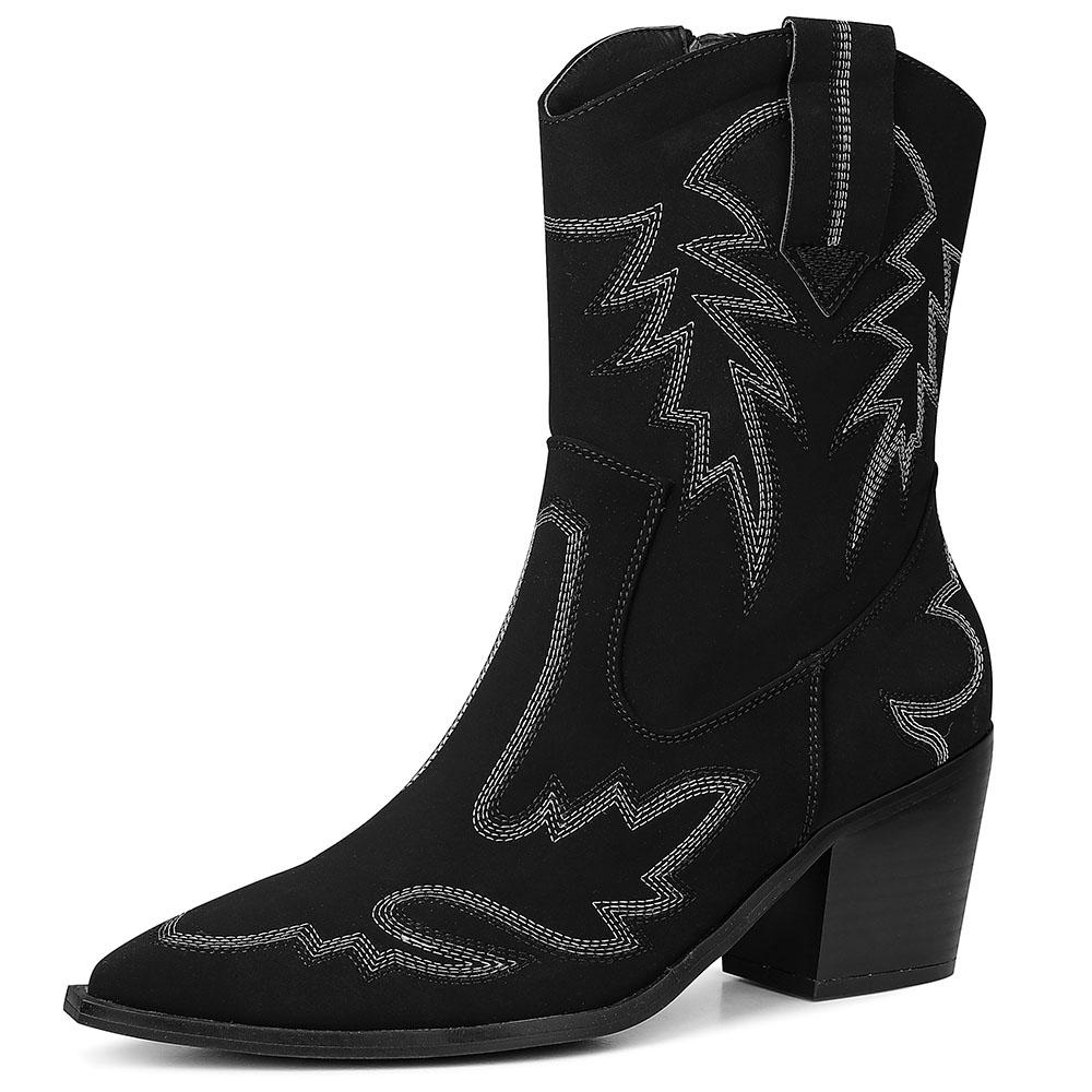 

GIGIFOX Weatern Ankle Boots Side ZipperPointed Toe Chunky Mid-Heel Embroider Design Shoes Fashion Leisure All-Match Female Boots 43
