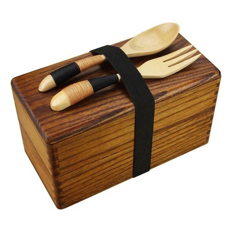 

Ru Han Japanese Wooden Double-Layer Bento Box with Spoon & Fork Set