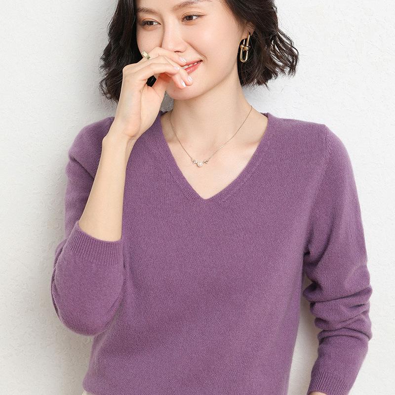 Women's V-Neck Knit Sweater Long Sleeve Loose Solid Color Pullover