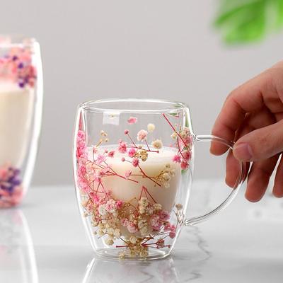 350ml Kurutulmuş Çiçek Çift Duvarlı Cam Kupa Bardak Kahve Kupası Kuru Çiçeklerle Dekoratif Yaratıcı Çiçekli Kupa Çift Duvarlı Çiçekli Bardak