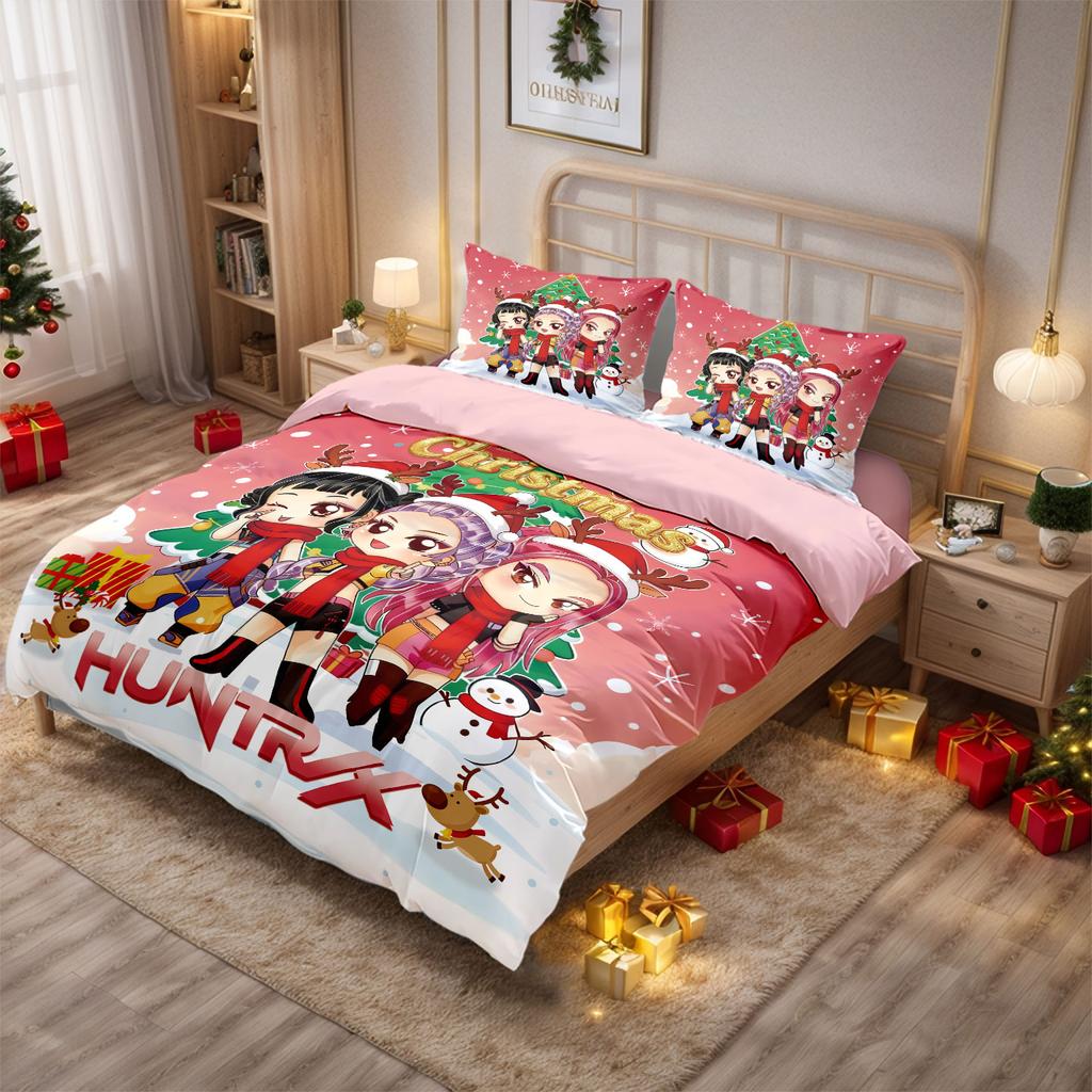3pcs K-Pop Demon Hunters Merry Christmas Print Coreless Quilt Set Bedrooms Dormitory Bedding Set Soft  Machine Washable