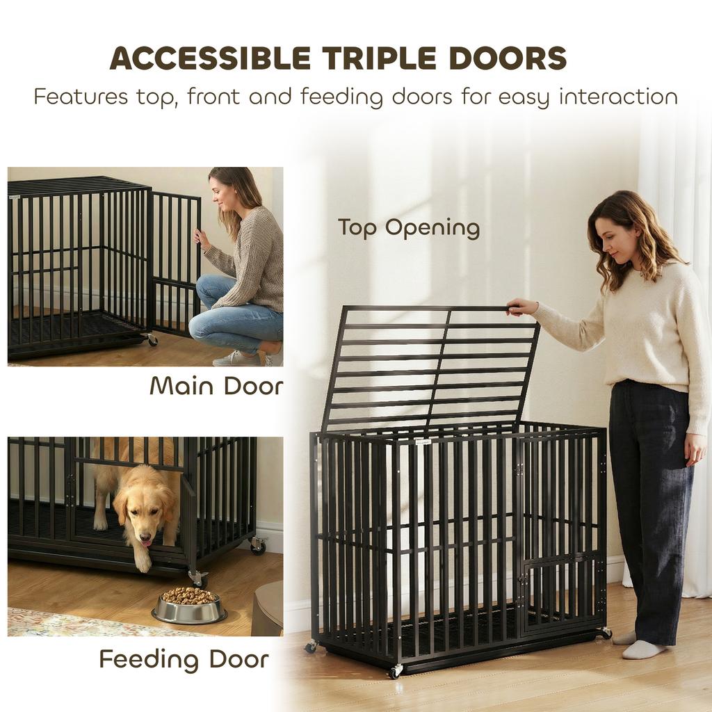 Heavy Duty Dog Crate, Dog Cage with Wheels for Small Medium Breeds, Metal Pet Kennel with Removable Tray
