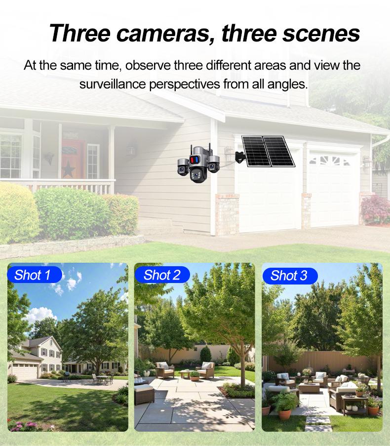 4G Solar-Powered HD Wireless Outdoor Camera with Triple-Lens WiFi Network Monitoring