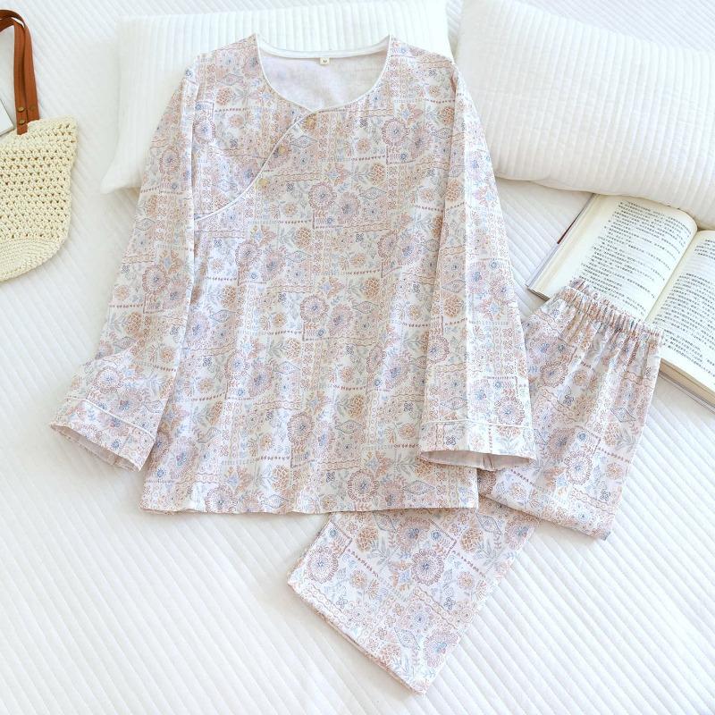 2026 New Women's Spring and Autumn Pajama Set 100% Cotton Gauze Long Sleeve Long Pants Thin Home Clothes Two Piece Set