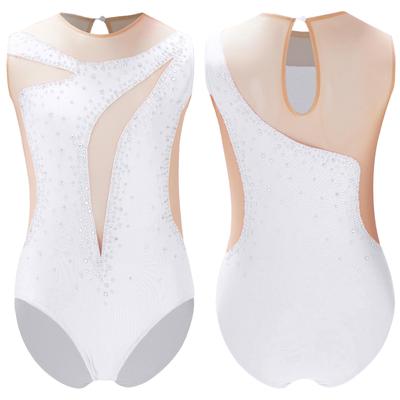Mädchen Tanz Eiskunstlauf Kostüm Glitzernder Strass Leotard Transparenter Mesh Patchwork Body