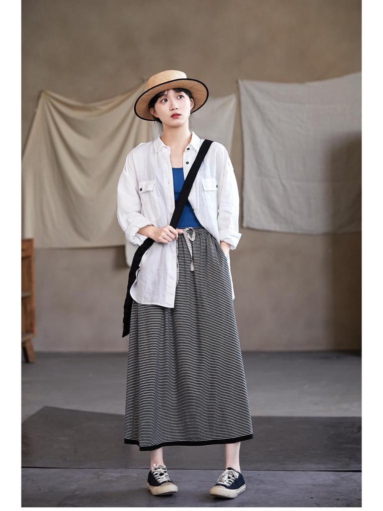 Artistic Retro Black Knit Midi Skirt with Soft Elastic Waist