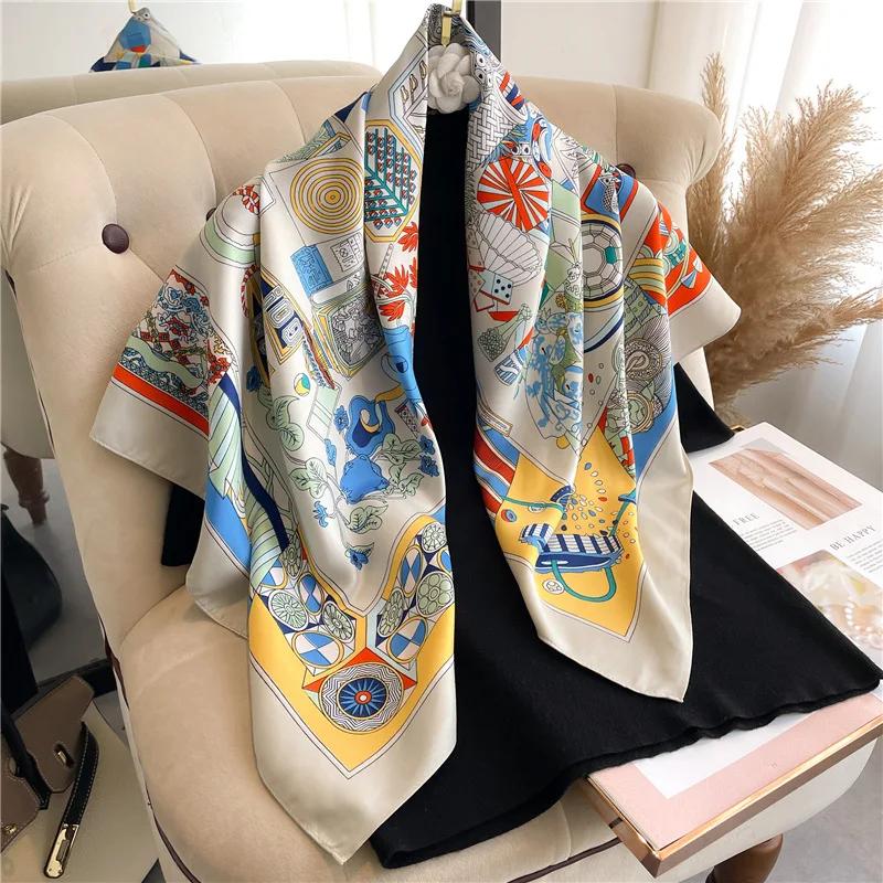 90cm Square Shawls and Scarves Twill Silk Scarf Female Big Kerchief Printed Hijab Scarf For Women Headband Neckerchief Wraps