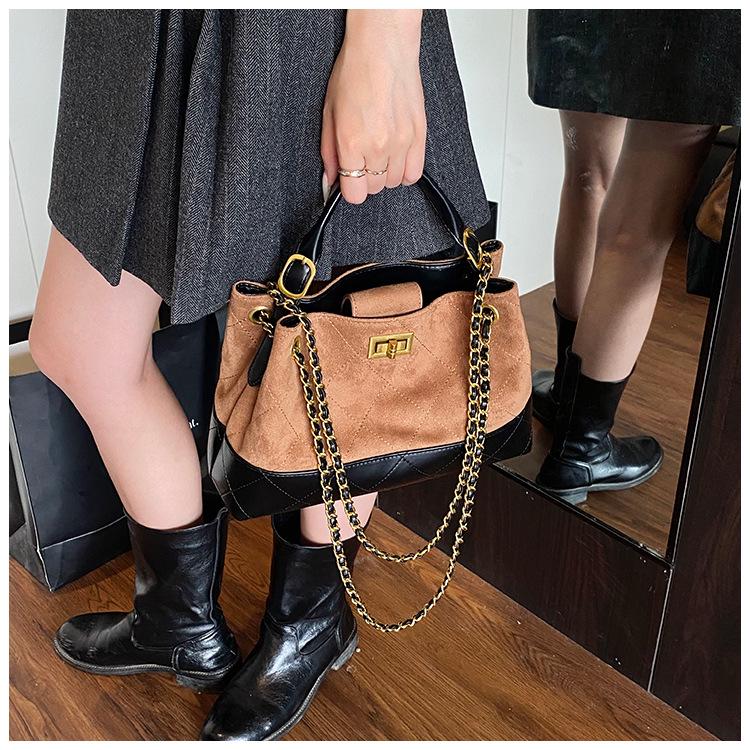 Brown Korean Style Quilted Suede Tote Bag with Adjustable Chain Strap