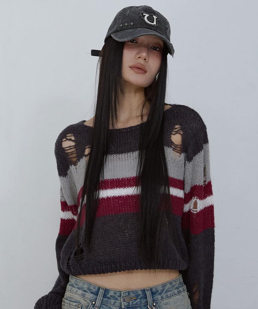 Uusoo Damaged Boat Neck Pullover_ Gray Multi Stripe
