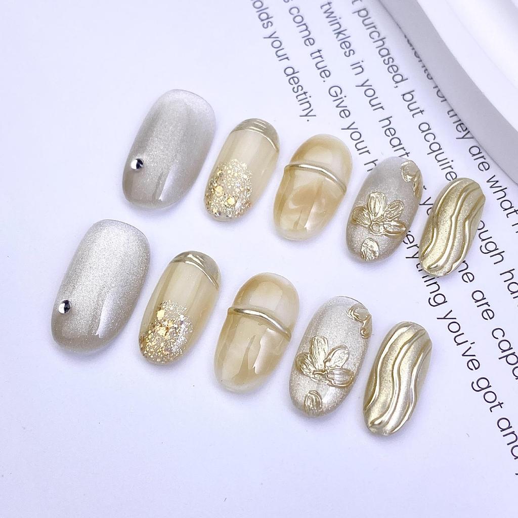 Handmade Pink Cat Eye Gradient Oval 3D Nails with Detachable Flower Stickers