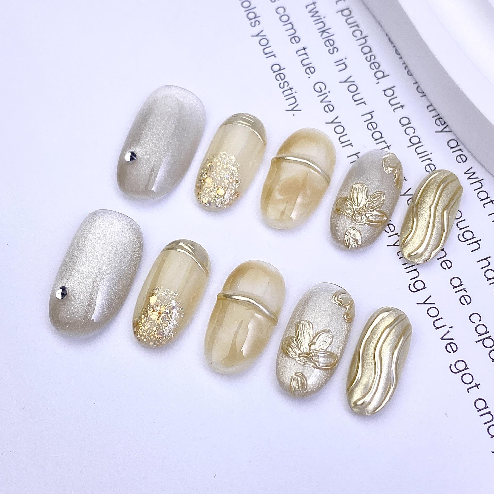 Handmade Pink Cat Eye Gradient Oval 3D Nails with Detachable Flower Stickers Large