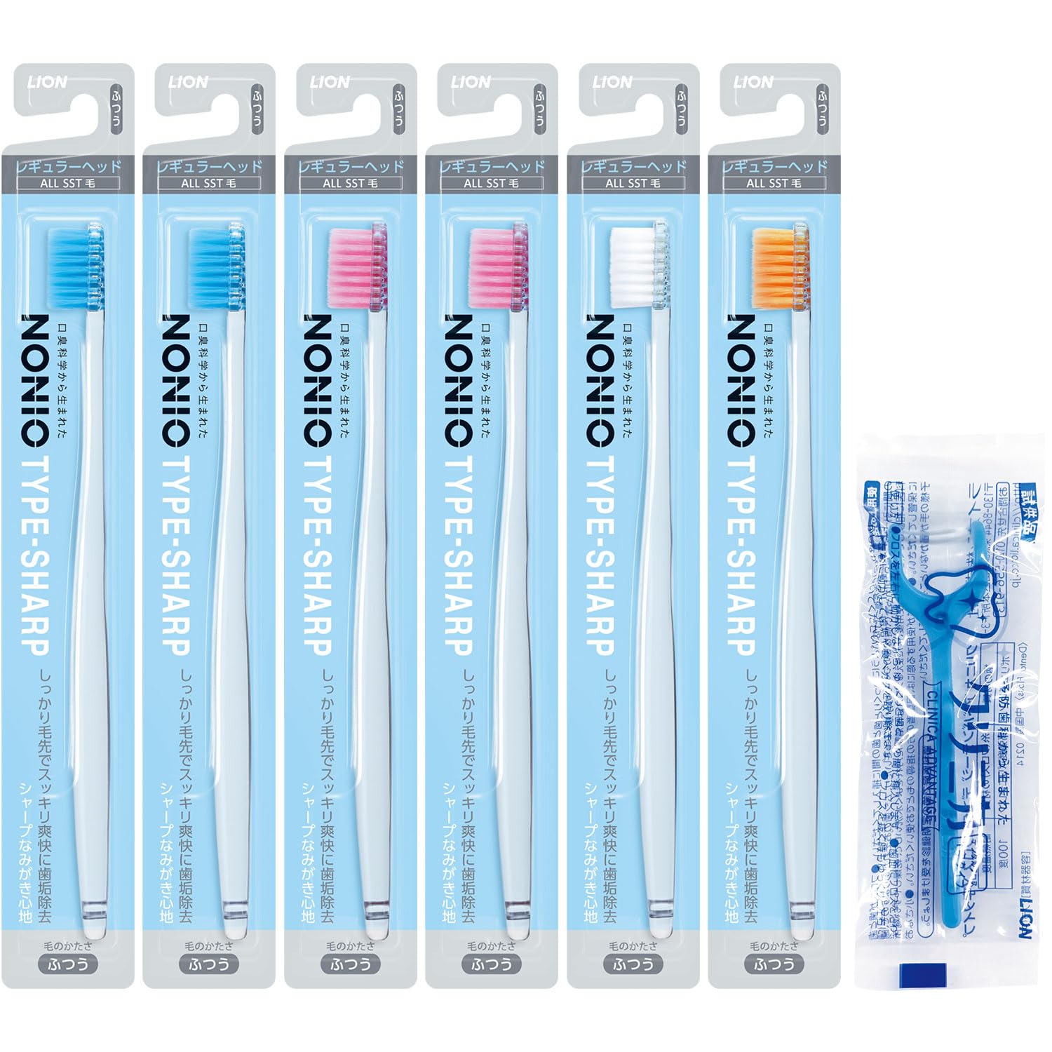 

NONIO Toothbrush Set with Floss Not Type-Sharp (6 Brushes, Regular, Extra-Fine Bristles) Y-Shaped (Colors Available)