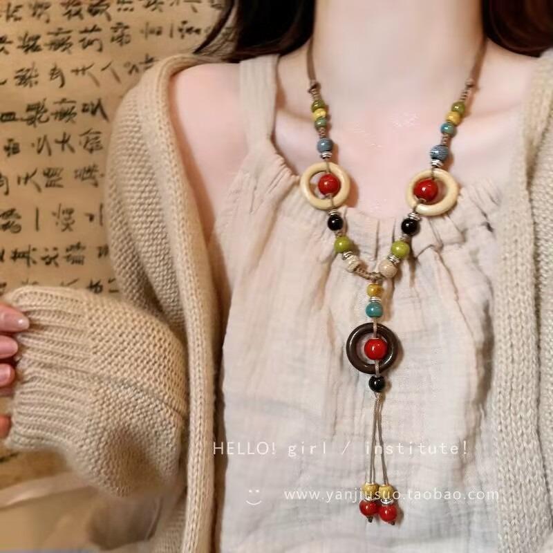 Long fringed necklace women's retro Zen niche sweater chain versatile Yunnan accessories