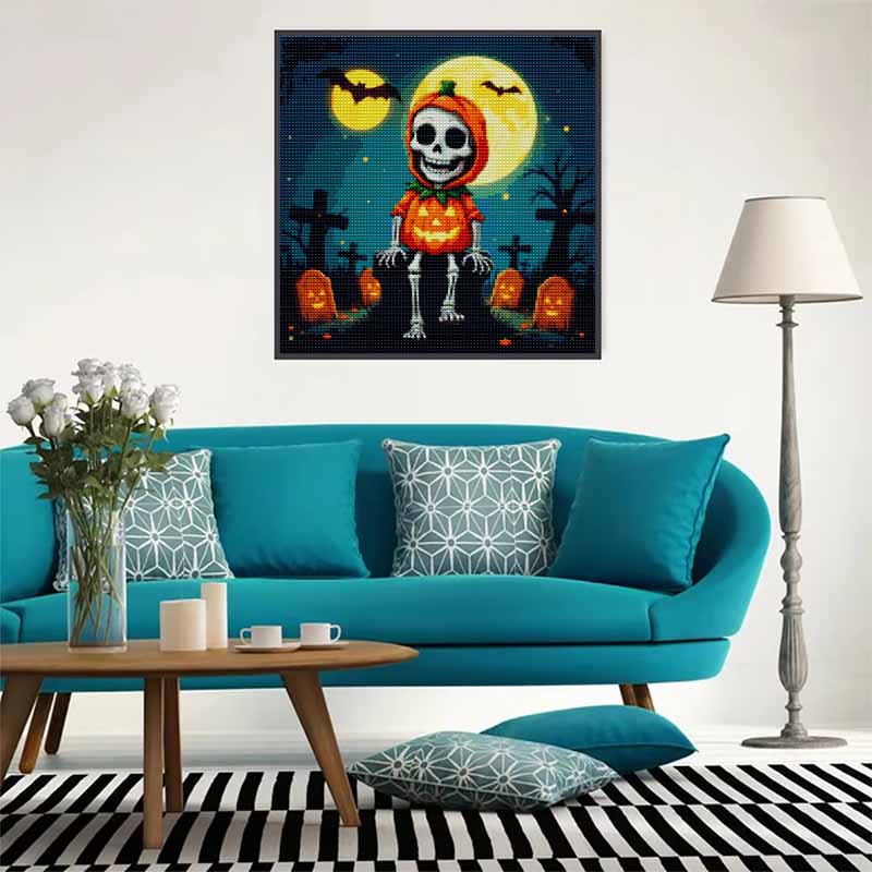DIY Diamond Painting Canvas Pumpkin Skeleton Moon Pattern 5D Rhinestone Art Kit for Home Wall Decor Crafting Hobby Gift Set