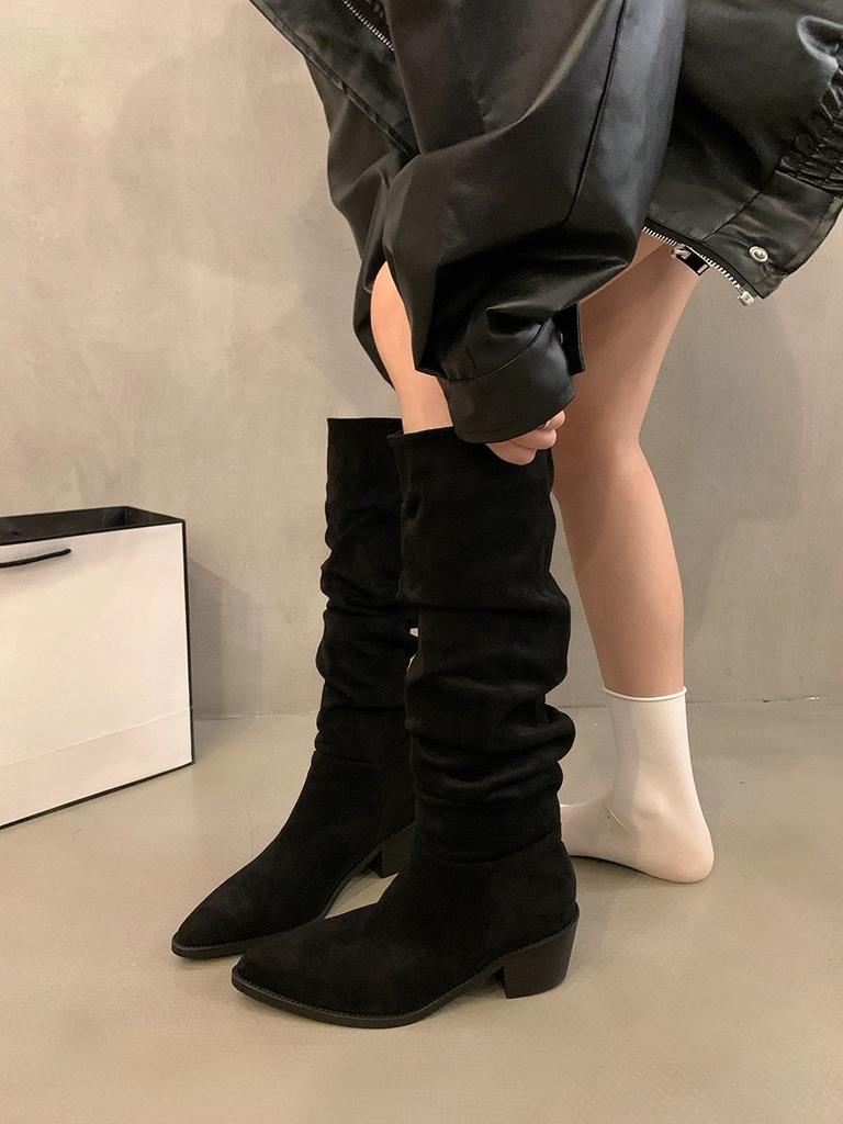 Vintage pointed thick heel khaki pile boots boots shoes 2025 skinny long knight boots