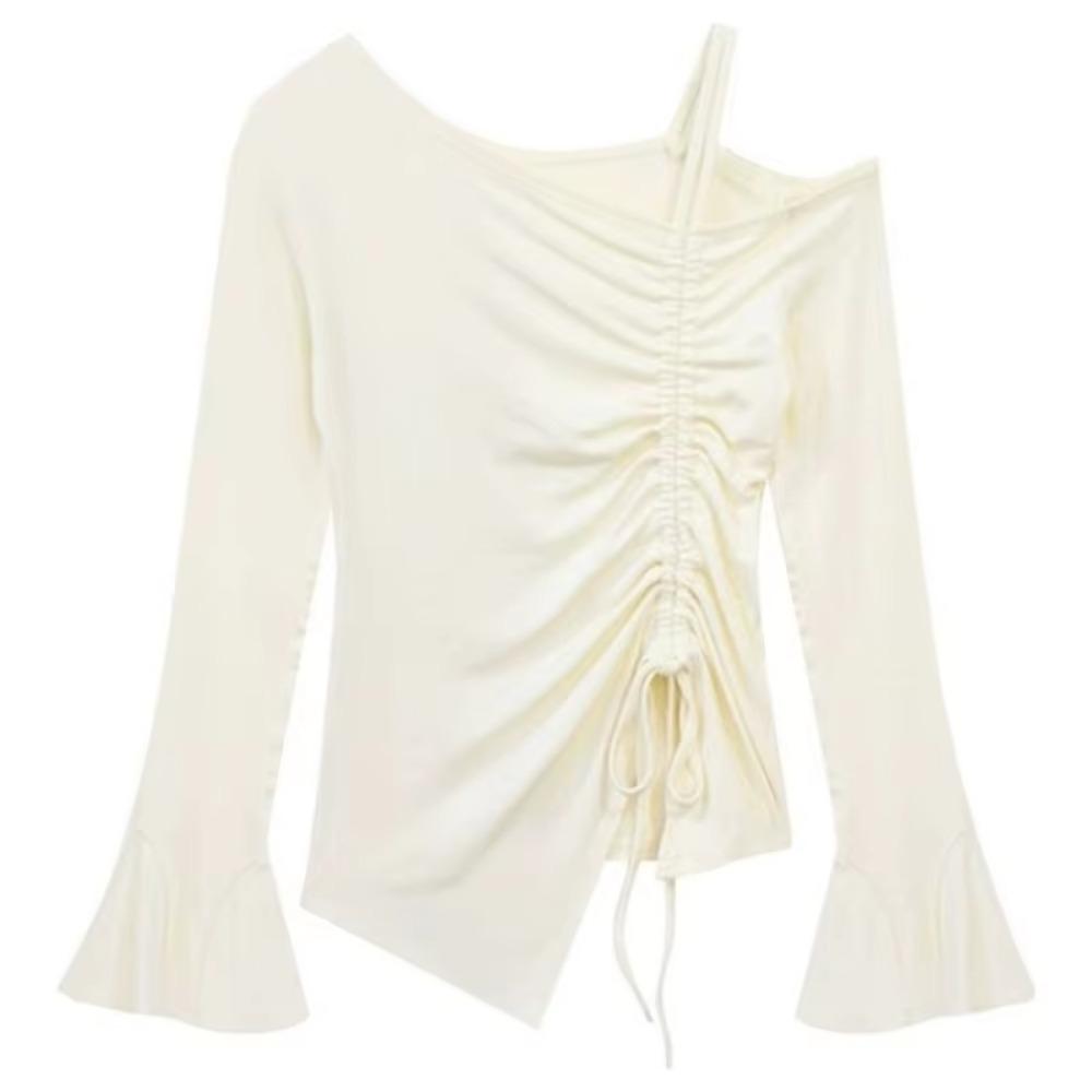 VAYLA Spring Autumn Flare Sleeve T Shirts Women Solid Bodycone Basic Long Sleeve Crop Tops Casual Shirring Off-shoulder Tees