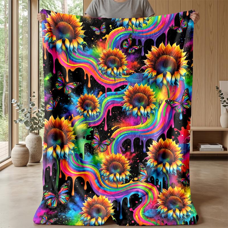 Rainbow Butterfly and Flowers Theme blanket Lightweight Warm Flannel Blanket Decorative Throw Blanket for Home Decoration