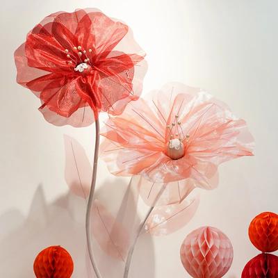 Decoração de chumbo para estrada de casamento, gaze, papoula, fio extravagante, flor artificial, cenário de palco, layout de exibição, cabeças de flores de malha de seda gigante