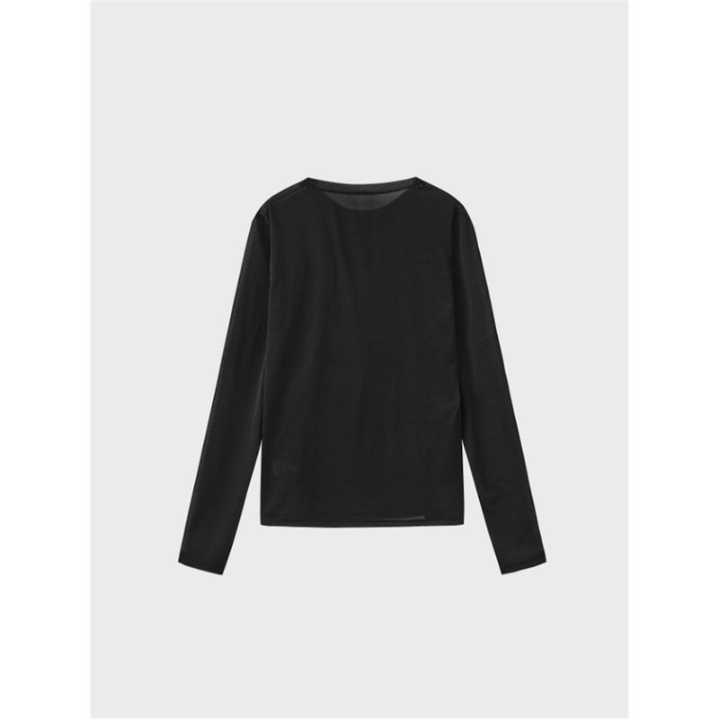 Kong Trendy Brand Ini*** Mesh Elastic Slim-Fit Women's Spring and Autumn Long-Sleeve Base T-Shirt, Round Neck, Lightweight, Breathable, Solid Color