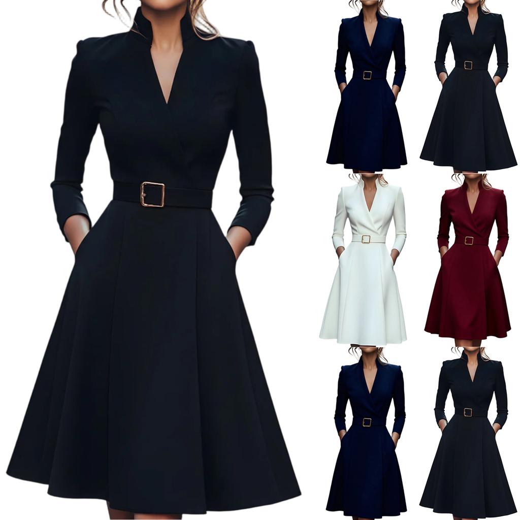 Women's Fashionable Workwear Solid-Colour Waist-Defining V-Neck Full-Skirted Long-Sleeved Dress