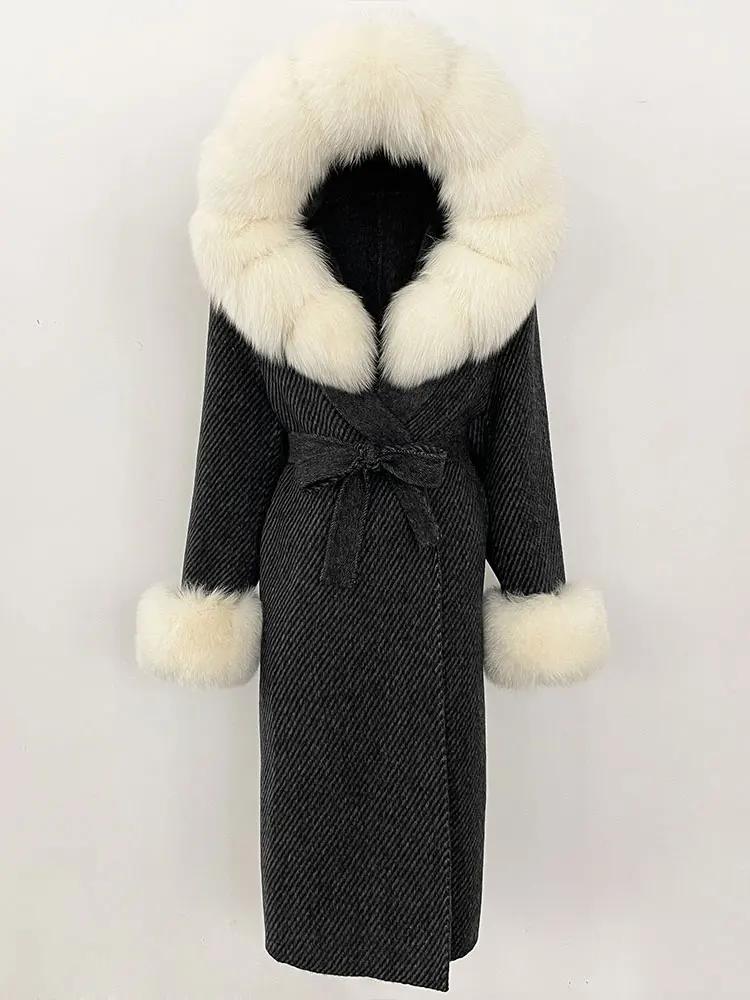 OFTBUY Winter Women Coat Real Natural Fox Fur Hooded Detachable Collar Double-faced Woolen Jacket Long Casual Elegant Overwears