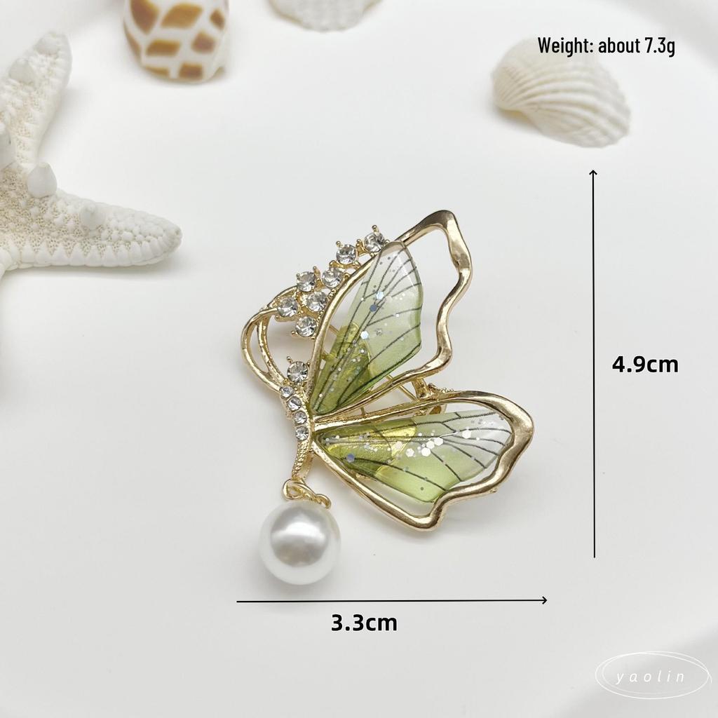 Light Luxury Rhinestone Butterfly Pearl Brooch – Hollow Design with Insect Button