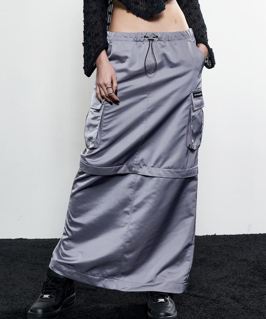 Nasnoing 2-Way Satin Maxi Cargo Skirt (Steel Gray)