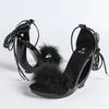 Pesstwei Red Sexy Elegant Summer Fashion Fluffy Strap Sandals Women Open Toe Frewtwork High Heels Wedding Party Shoes