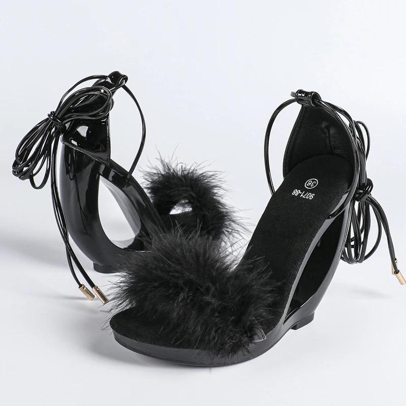 Pesstwei Red Sexy Elegant Summer Fashion Fluffy Strap Sandals Women Open Toe Frewtwork High Heels Wedding Party Shoes