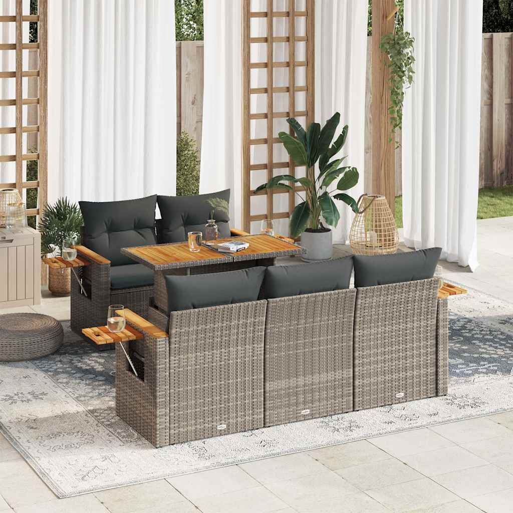 6 Piece Garden Sofa Set with Cushions Grey Poly Rattan & Acacia