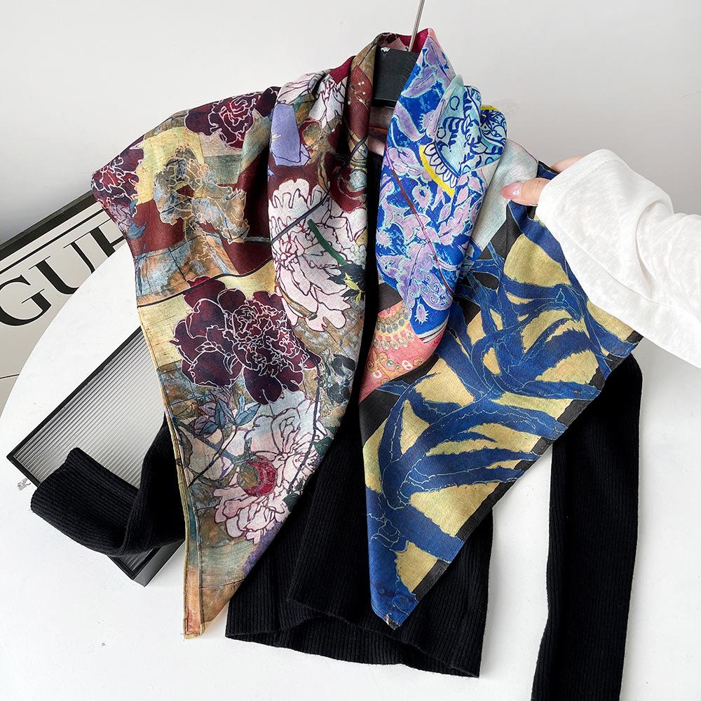 Silk scarf premium herringbone pattern double-sided printed square scarf 91 autumn and winter decorative gift high-end scarf silk scarf gift