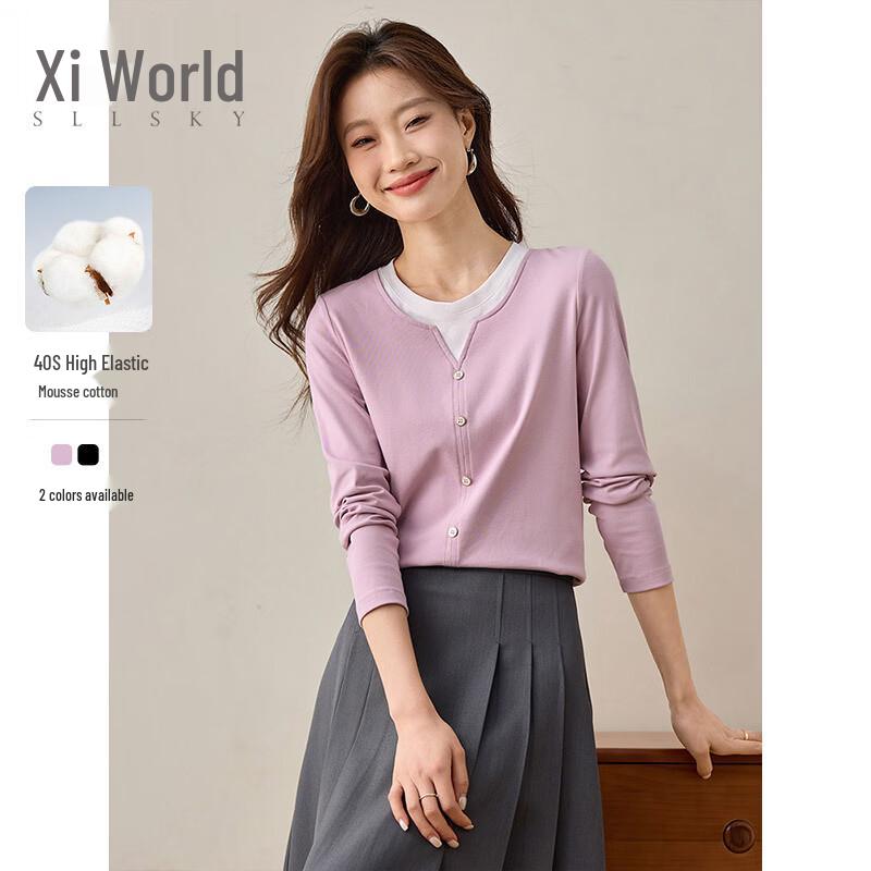 

sllsky Women s Faux Two-Piece Long-Sleeve T-Shirt M