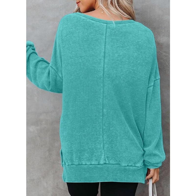 New Autumn Women's Round Neck Long Sleeve Side Slit Waffle Simple and Versatile Sweatshirt