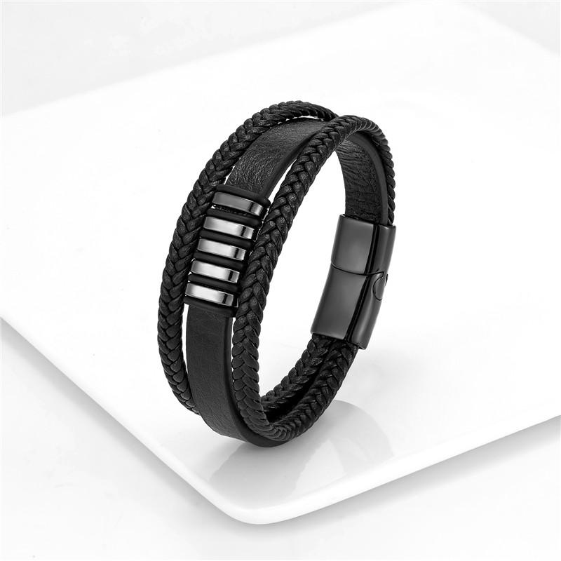 European And American Popular Stainless Steel Leather Bracelet Men's Multilayer Woven Leather Bracelet
