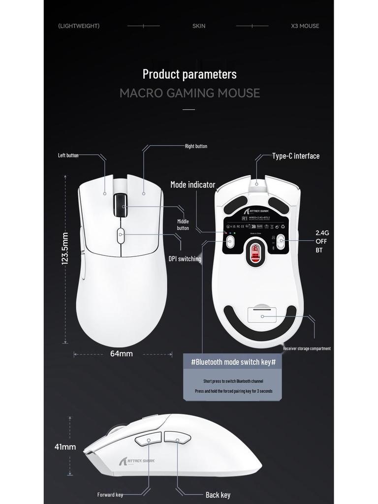 Attack Shark R1 Lightweight Tri-mode Bluetooth Wireless Gaming Mouse PAW3311 for Notebooks