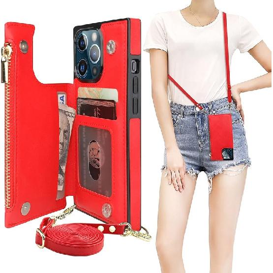 Bocasal Crossbody Wallet Case for iPhone 13 Pro with RFID Blocking Card Slot Holder, Magnetic Flip Folio Purse Case, PU Leather Zipper Handbag with