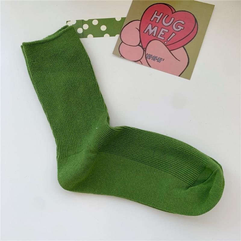 Bomull Ensfarvede Sokker for Kvinner, Høst Tynne Tynne Stripete Frotte-sokker for Kvinner, Midt-legg Sokker
