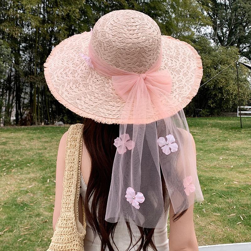 Summer Bow Sun Hat Female, Seaside Beach Vacation Sun Hat Outdoor Big Brim Sun Hat Sweet Straw Hat