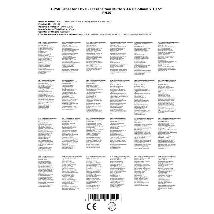 Raccord PVC Réduction Manchon PVC 63-50mm x 1 1/2" PN10 en PVC-U – Installation Facile et Durable