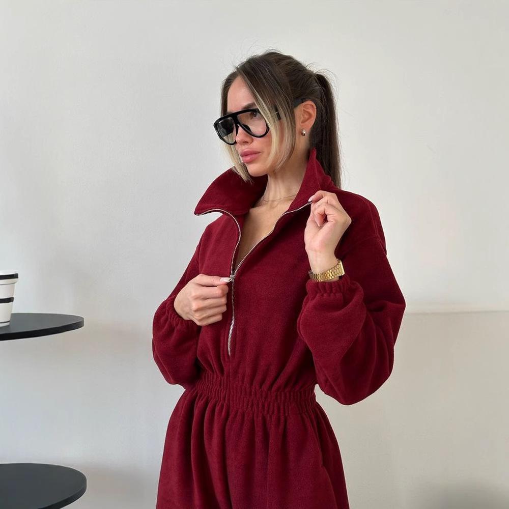 Spring/Autumn Women's Fashion Long Sleeve Jumpsuit - Casual Half-Open Neck, Elastic Waist Set